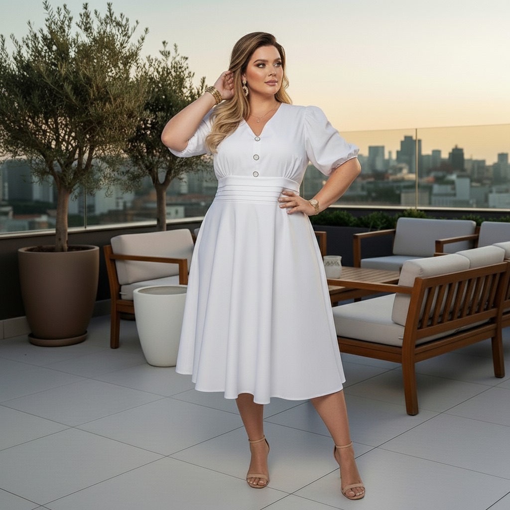 Vestido Hellen GG Forrado Branco em Crepe Seda com Lastex