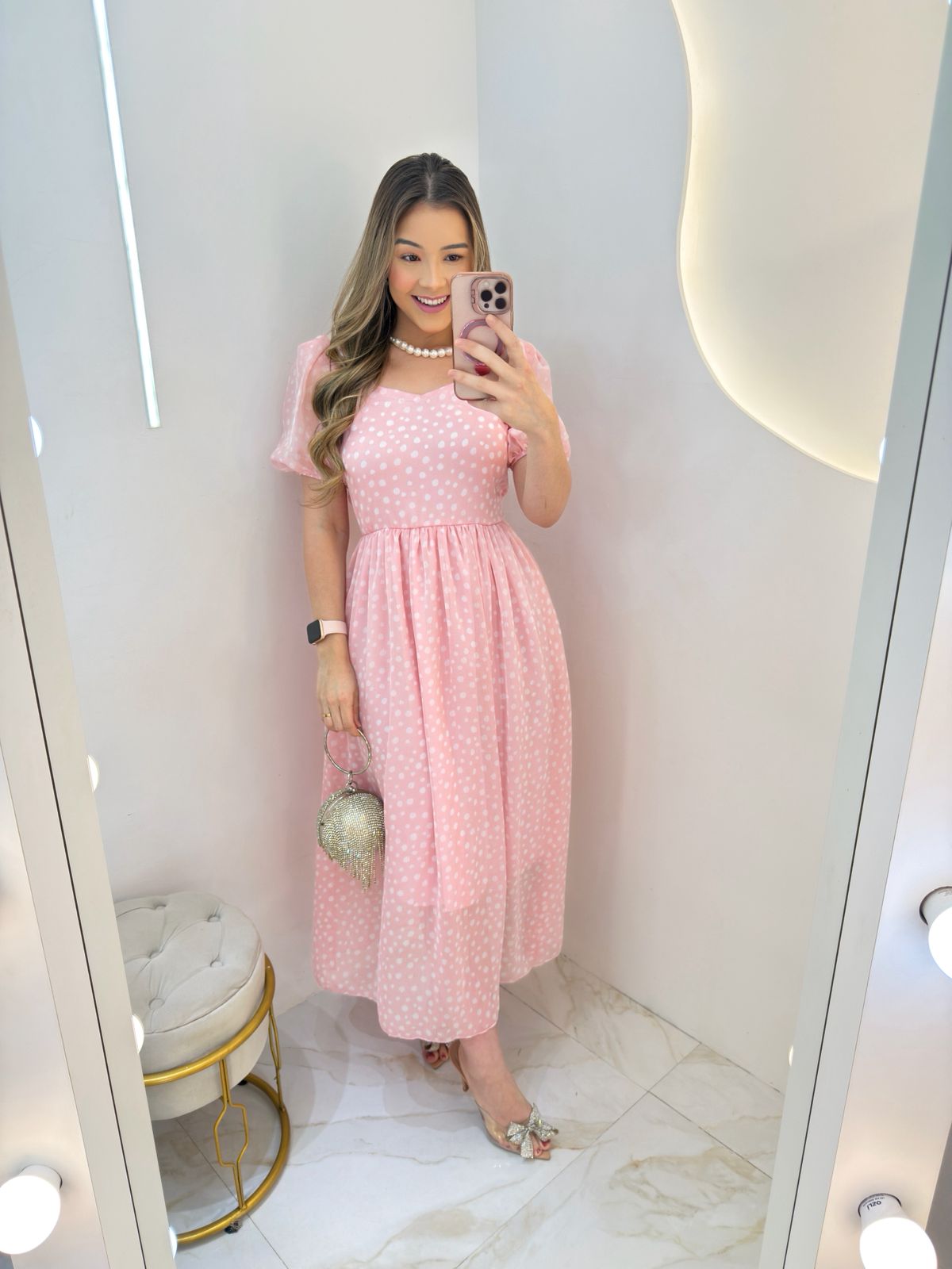 Vestido Lara Rosé Forrado Tamanho P - Chiffon Poá