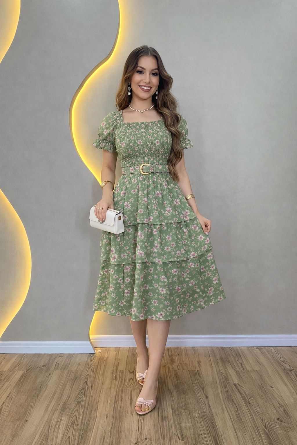 Vestido Babadinho Chiffon com Lastex e Cinto - Tamanho P