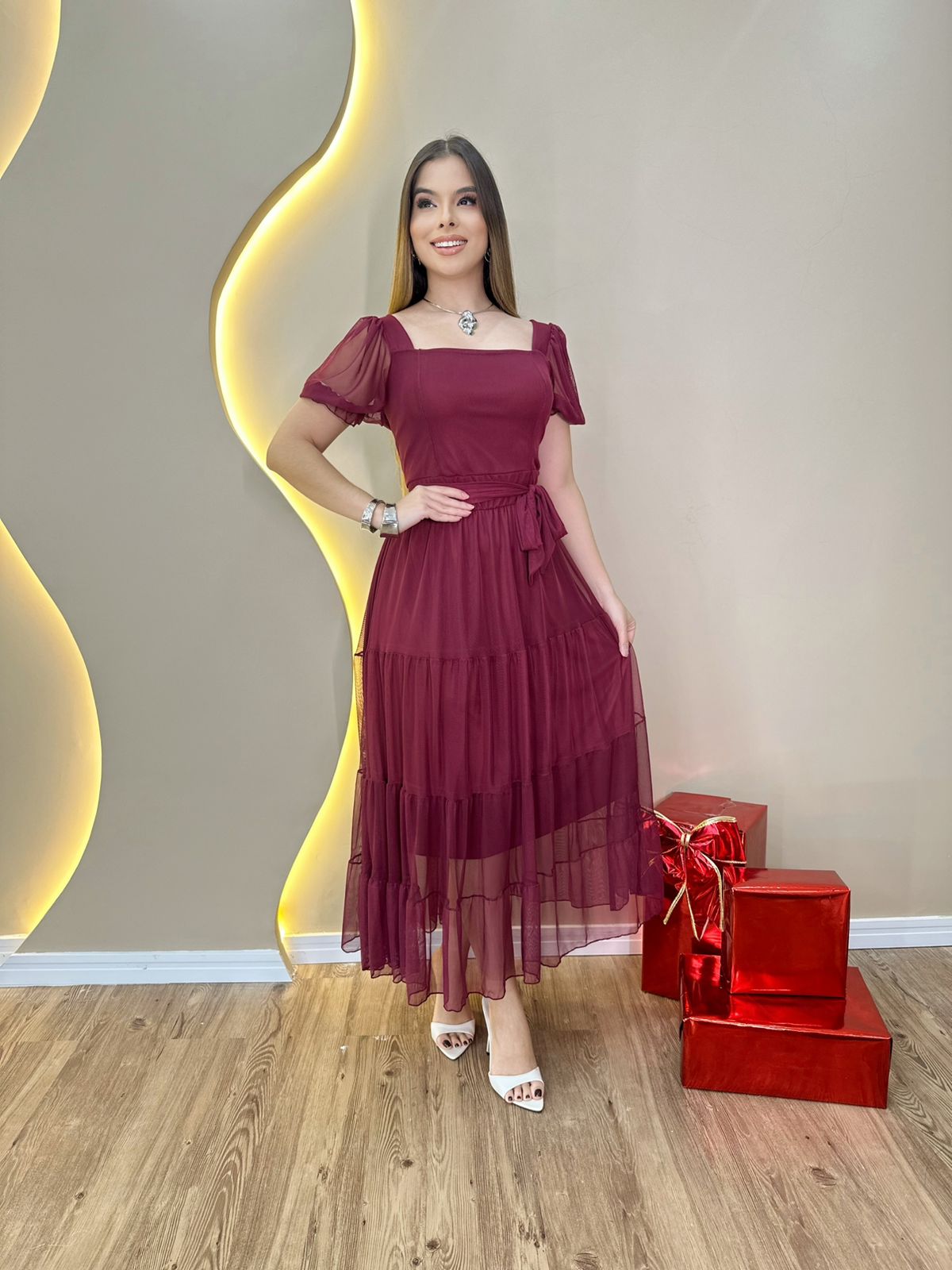 Vestido Sofia Marsala de Tule Forrado